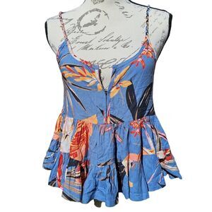 Patrons of Peace -246 NWT Blue Floral Braided‎ Spaghetti Strap Top Blouse Small